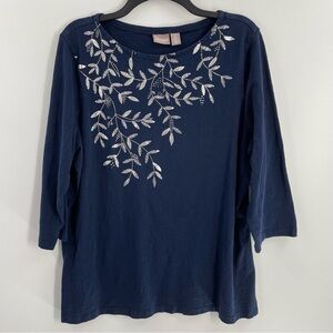 Chico's Cotton Crew Neck Navy Silver Leaf Accented Pullover 3/4 Sleeve Top Shirt